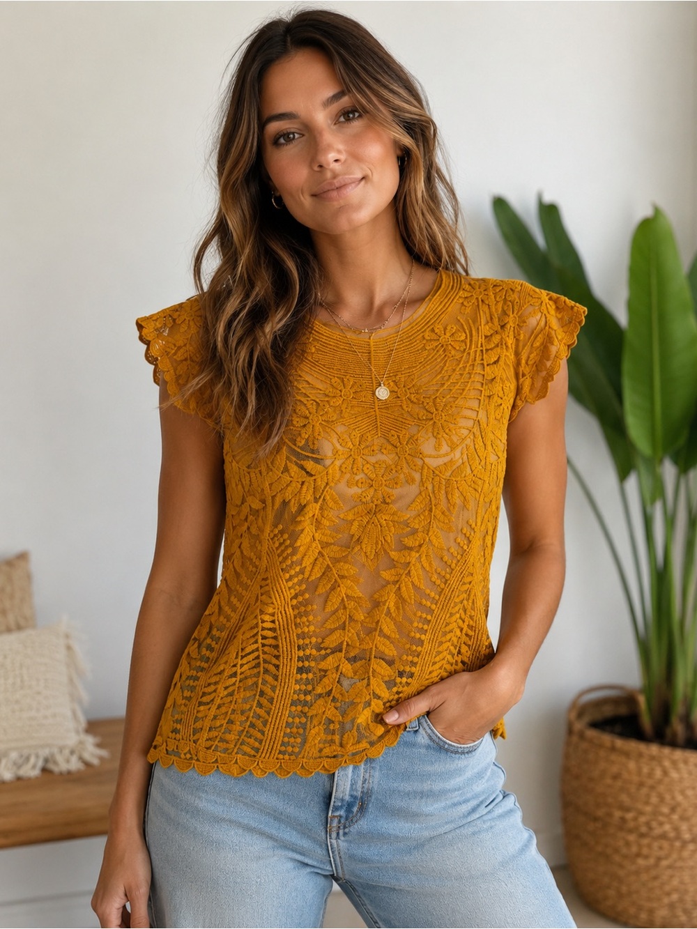 Knapp‎ Studio Mustard Floral Lace Crochet Top Medium 100% Cotton